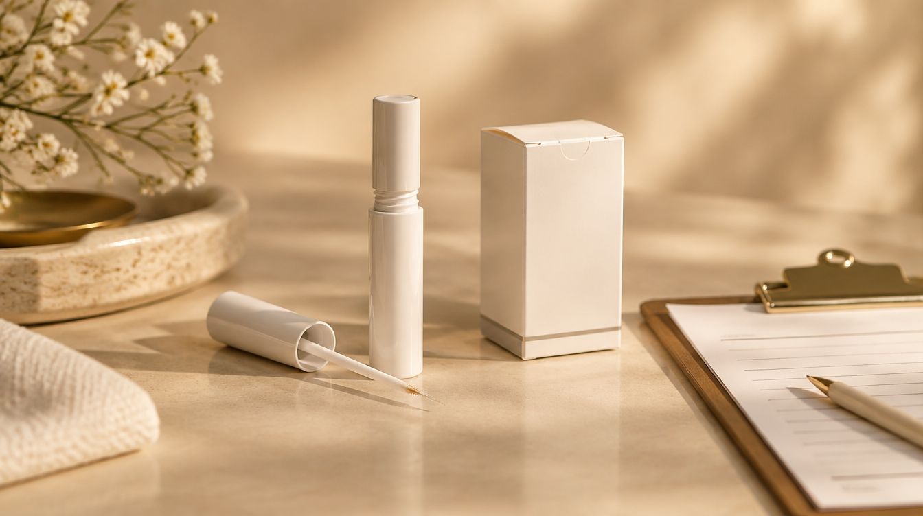 Lash serum bottle next to a prescription box and clipboard