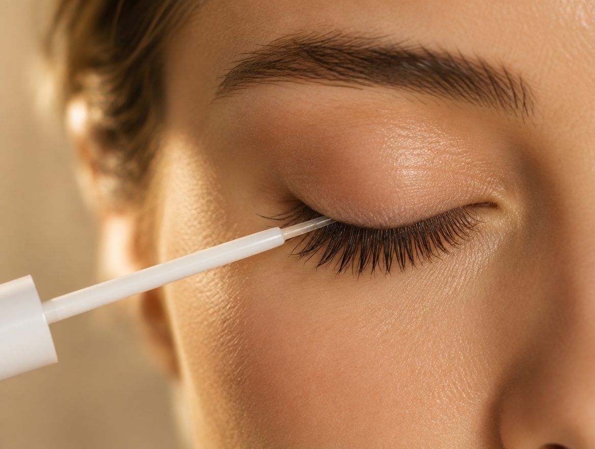 Close-up of a lash serum applicator being drawn along the upper lash line